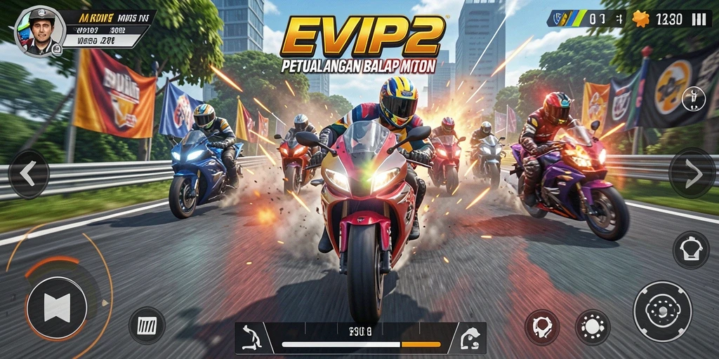 Gameplay seru balapan motor EVIP2 dengan trek menantang.