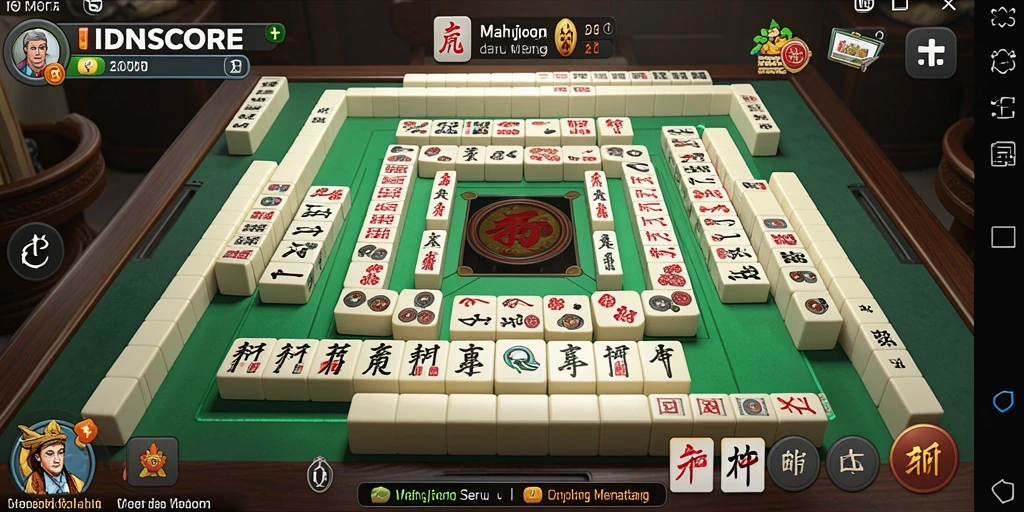 Tampilan gameplay seru dari IDNSCORE dengan ubin Mahjong berwarna-warni.