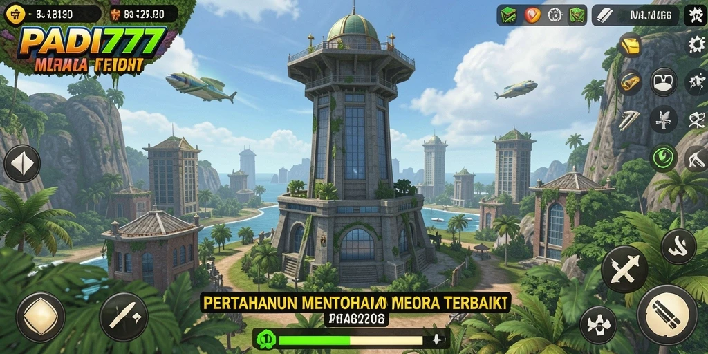 Tampilan gameplay seru di PADI777 dengan menara dan musuh yang dinamis.