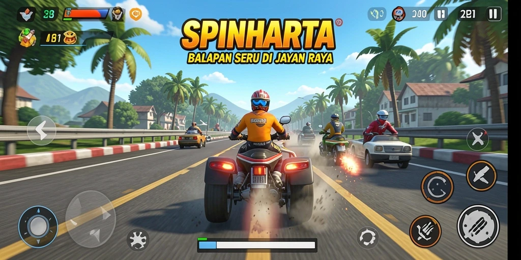 Screenshot utama SPINHARTA menampilkan aksi balapan yang menegangkan.